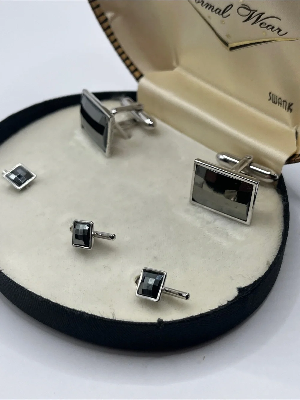 SWANK Black and Silver Rectangular Cufflinks with Matching Studs